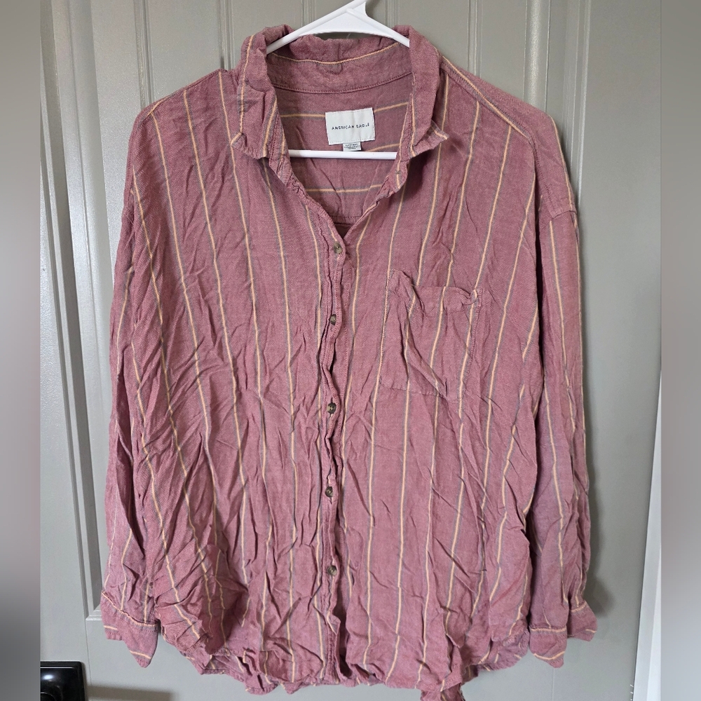 American Eagle Womans XL Pink Striped Long Sleeve Button Up Shirt